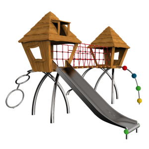 O conjunto modular de duas casinhas, com ponte e escorrega em madeira robinia, pertence á coleção Roy e é ideal para estimular a imaginação. 
